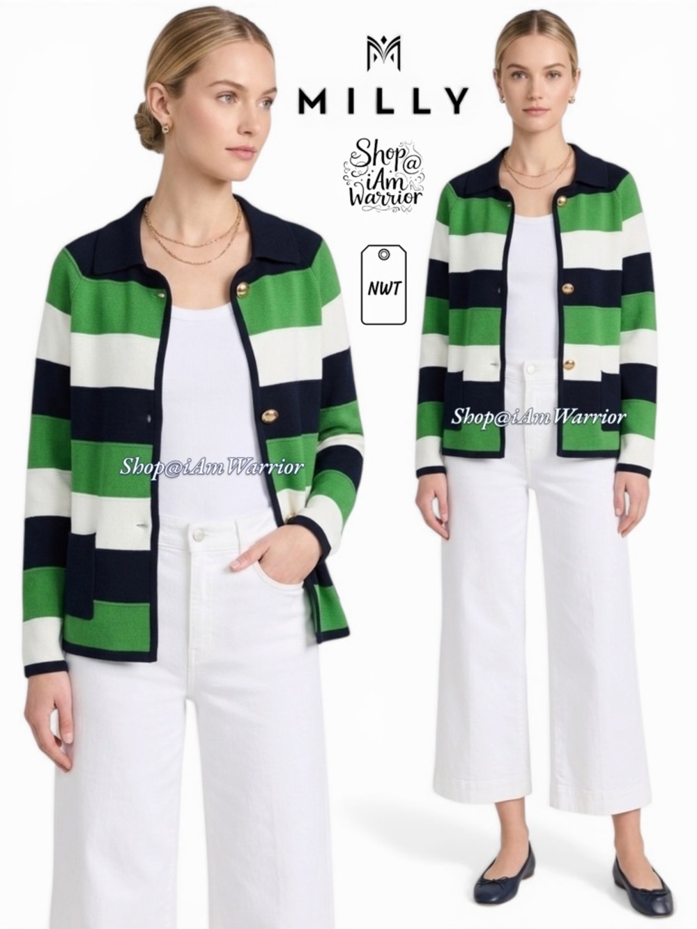 Milly NWT rare emerald, navy & off white striped cotton-silk cardigan/jacket
